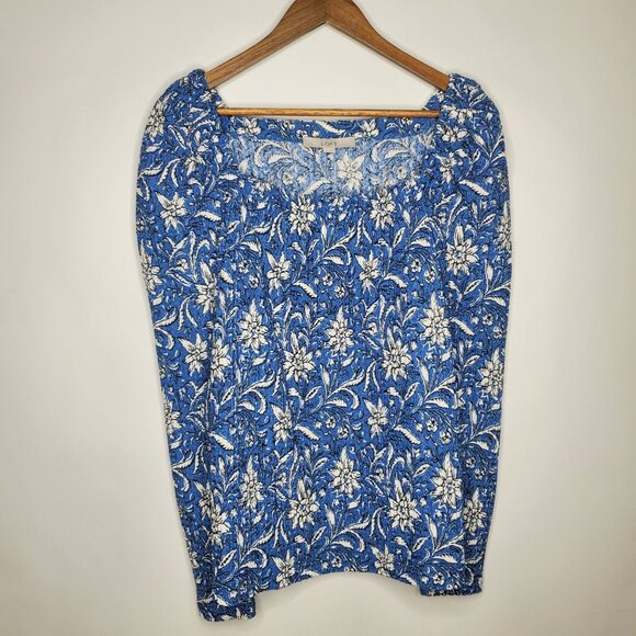 LOFT Womens Blue Floral Crinkle Blouse Size M Square Neck Long Sleeve Career - Picture 1 of 7